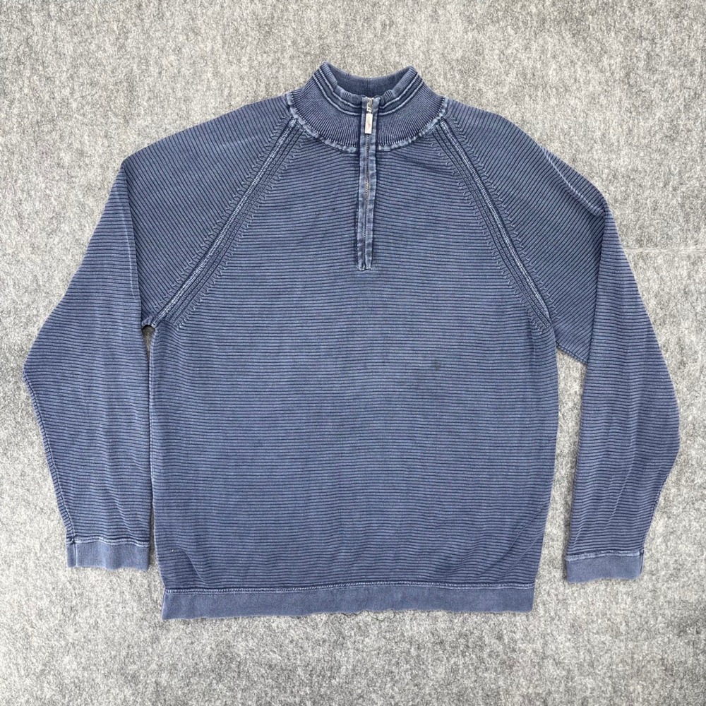 Tommy Bahama Sweater Mens Medium Blue Ribbed 1/4 Zip Cotton Pullover